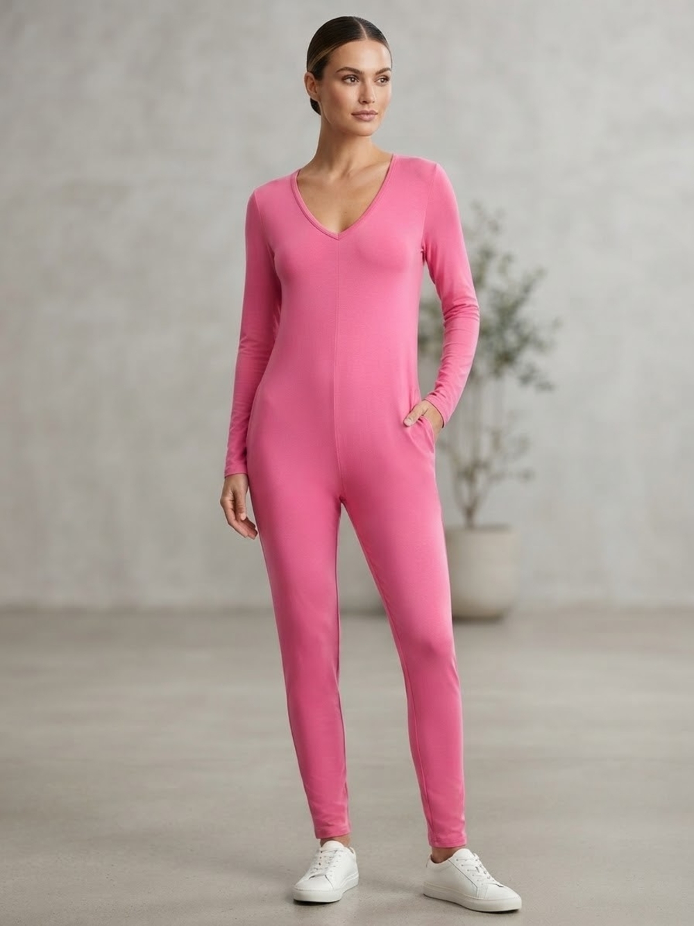 Smash + Tess Pink Long-Sleeve V-Neck Jumpsuit SIze XXS